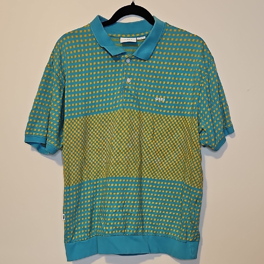 OBEY Men's Token Polo Knit Shirt Size Medium Checkered Teal/Mustard